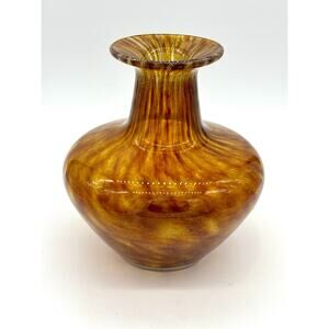 Vase Vintage 1960s Sasaki Amber Crystal Tortoise Gold Speckled - 9"H x 8"W